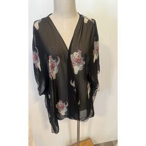 I Joah Sheer Kimono Cardigan Womens Large Black Floral Bull Skull Boho Festival